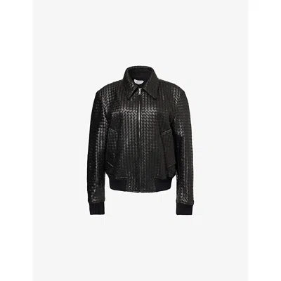 Bottega Veneta Womens  Intrecciato Leather Bomber Jacket In Double Black