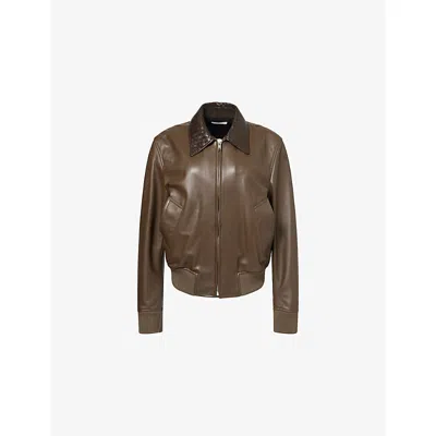 Bottega Veneta Womens  Intrecciato-collar Leather Bomber Jacket In Wader Green