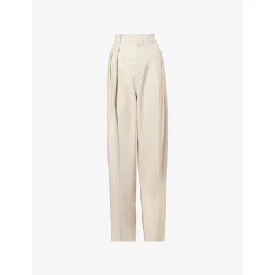 Bottega Veneta Womens  Pinstripe Pleated Wool-blend Trousers In Beige/light Blue