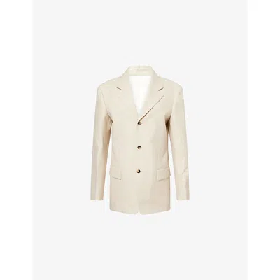 Bottega Veneta Womens  Pinstripe Single-breasted Wool And Cotton-blend Blazer In Beige/light Blue