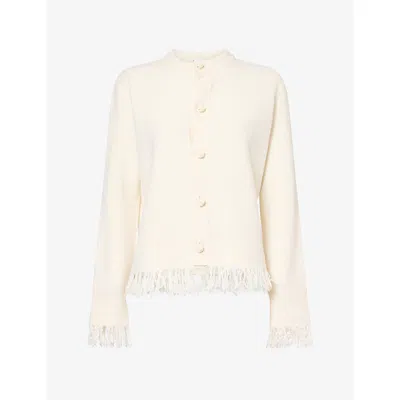 Bottega Veneta Womens  Round-neck Fringed Wool Cardigan In Neutral