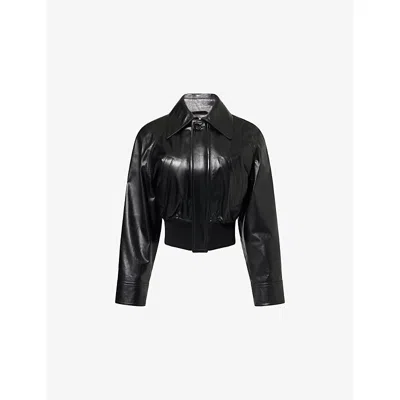 Bottega Veneta Womens Spread-collar Short Leather Blouson Jacket Black