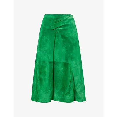 Bottega Veneta Womens  Wrap-front A-line Suede Midi Skirt In Grass Green