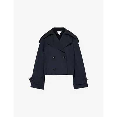 Bottega Veneta Womens  Crop Double-breasted Relaxed-fit Woven-blend Jacket In Midnight Blue Black