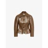 Bottega Veneta Womens Dark Moss Cinched-waist Flared-hem Leather Jacket In Brown