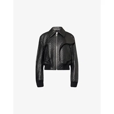 Bottega Veneta Womens Double Black Intrecciato Leather Blouson Jacket