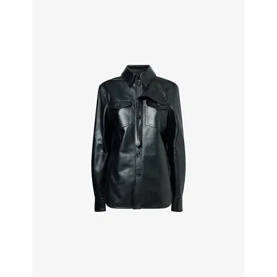 Bottega Veneta Womens Double Black Semi Shiny Collared Leather Shirt