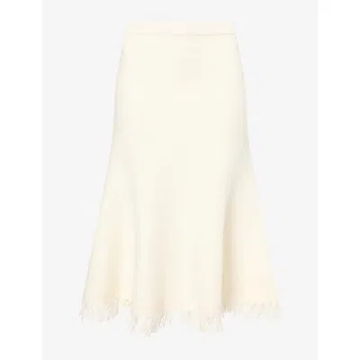 Bottega Veneta Womens Fringed-trim Wool-blend Midi Skirt Chalk