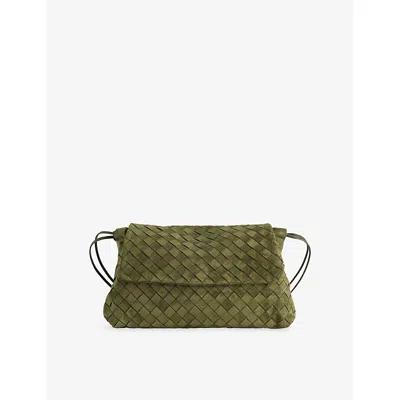 Bottega Veneta Womens Giorno Intrecciato Suede Pouch Green Tweed