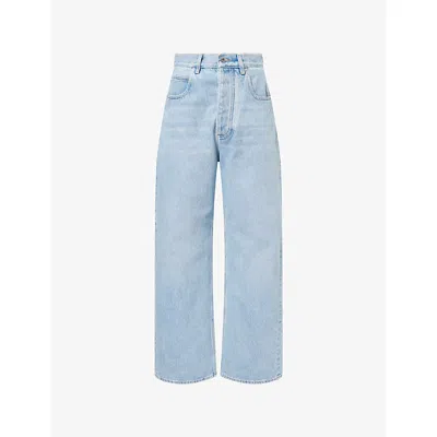 Bottega Veneta Womens Intrecciato-patch Wide-leg Cotton Denim Jeans Light Bleach In Blue