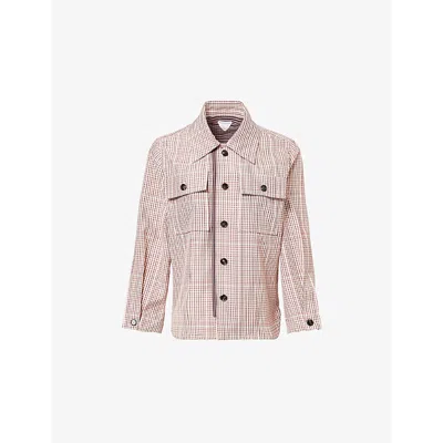 BOTTEGA VENETA WOMENS PEARL ABYSS SCARLET CHECK-PRINT BUTTONED-POCKETS WOVEN-BLEND SHIRT