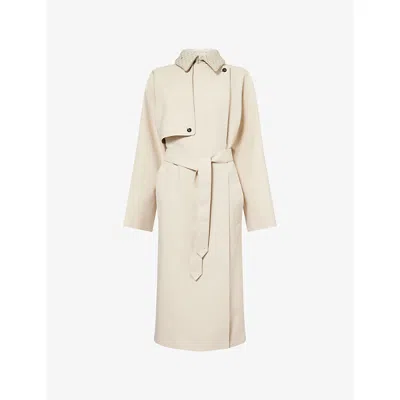 Bottega Veneta Womens Pinstripe Oversize Wool-blend Trench Coat Beige/light Blue