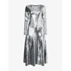 Bottega Veneta Womens Sequin Flared Woven Midi Dress Silver In Metallic