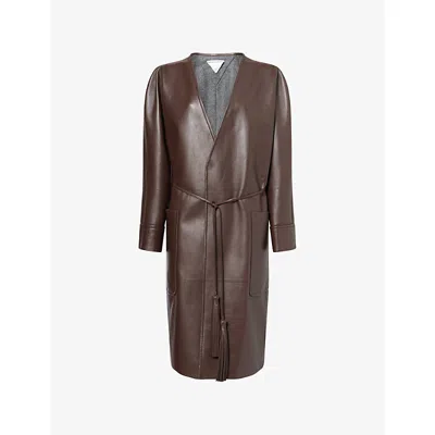 Bottega Veneta Womens Tobacco Belted V-neck Leather Coat In Brown