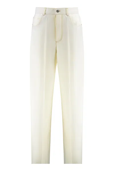 Bottega Veneta Wool And Leather Wide-leg Trousers With Contrast Stitching In White