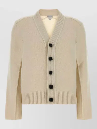 Bottega Veneta Wool Blend Cardigan Knitted Texture V Neck In Neutral