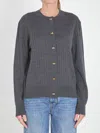 Bottega Veneta Grey Crewneck Cardigan With Knot Buttons Closure And Ribbed Knit In Wool Woman