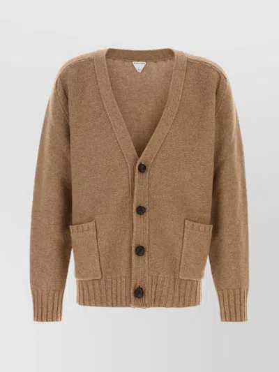 Bottega Veneta Wool Cardigan With Front Pockets And V-neckline In Brown