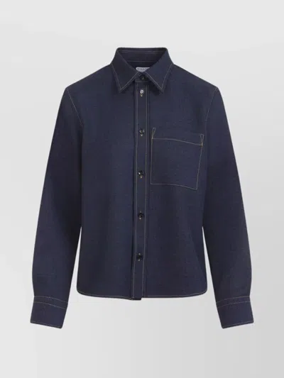 Bottega Veneta Wool Drill Shirt With Yellow Stitching In Blue