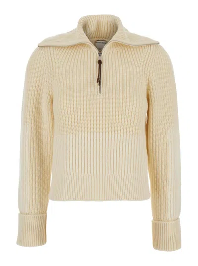 Bottega Veneta Wool English Rib Knit Sweater With Half-zip In Neutral