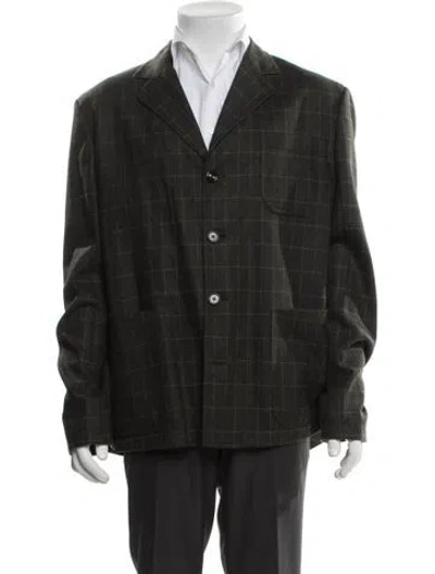 Pre-owned Bottega Veneta Wool Plaid Print Peacoat In Green