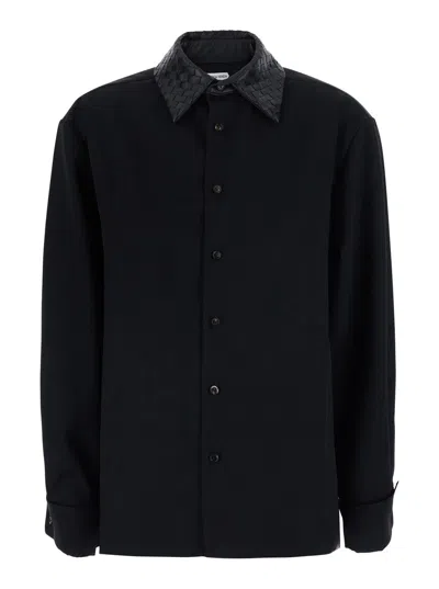 Bottega Veneta Wool Shirt With Braided Intreccio Collar For Women In Blue