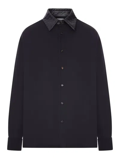 Bottega Veneta Wool Shirt With Braided Leather Collar In Black
