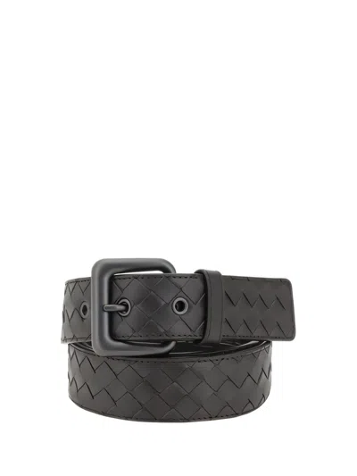 Bottega Veneta Woven Black Belt With Rectangular Bucklefinish In Grey