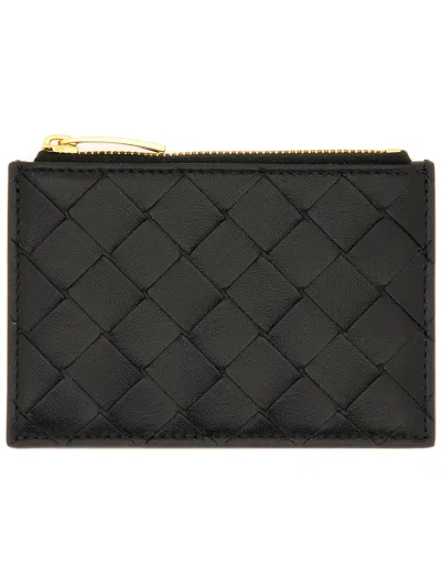 Bottega Veneta "woven" Card Holder With Zipper In Black