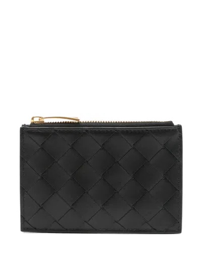 Bottega Veneta Woven Card Holder With Zipper In Black
