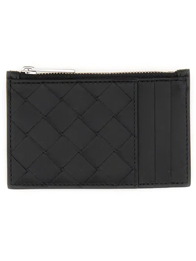 Bottega Veneta Woven Card Holder With Zipper In Black