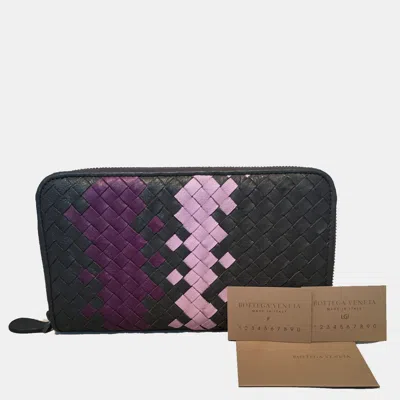 Pre-owned Bottega Veneta Woven Grey And Purple Leather Zip Wallet