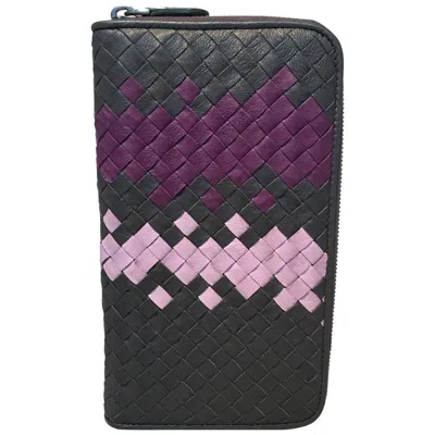 Pre-owned Bottega Veneta Woven Grey And Purple Leather Zip Wallet