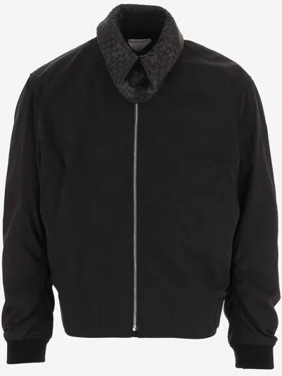 Bottega Veneta Woven Leather Collar Cotton-blend Jacket In Black