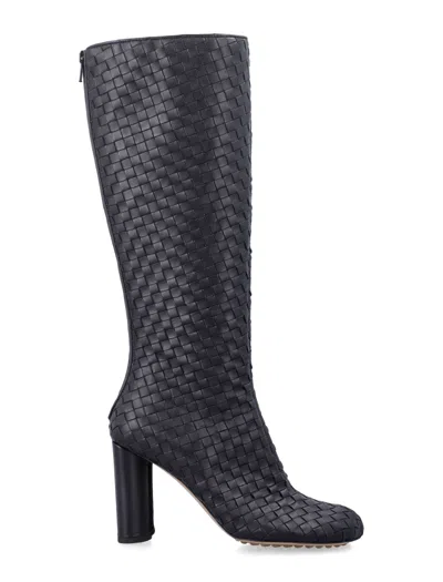 Bottega Veneta Woven Leather Knee-high Heeled Boot In Black