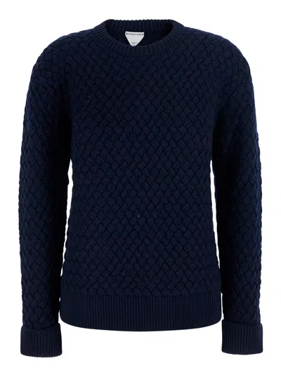 Bottega Veneta Woven Motif Wool Sweater With Round Neck In Blu