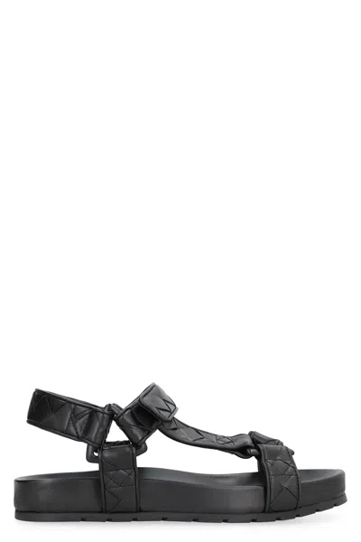 Bottega Veneta Woven Pattern Leather Sandals With Velcro Strap For Women In Black
