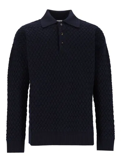 Bottega Veneta Woven Wool Sweater With Classic Collar & Button Closure In Blu