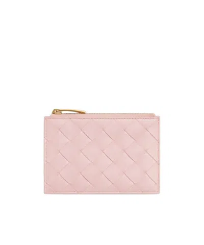 Bottega Veneta Woven Zipper Card Bag In Pink