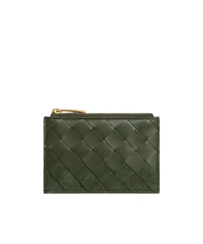 Bottega Veneta Woven Zipper Card Holder In Green