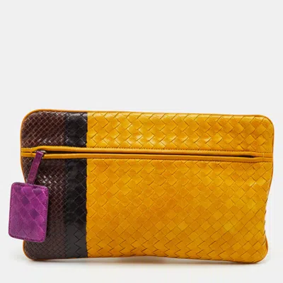 Pre-owned Bottega Veneta Yellow/dark Brown Intrecciato Zip Pouch Clutch