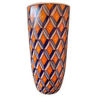 Pre-owned Bottega Vignoli Orange And Blue Ceramic Vase Hand Painted Majolica Italy Contemporary
