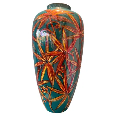 Pre-owned Bottega Vignoli Teal Ceramic Vase With Floral Decor Hand Painted Majolica Italy Contemporary In Green