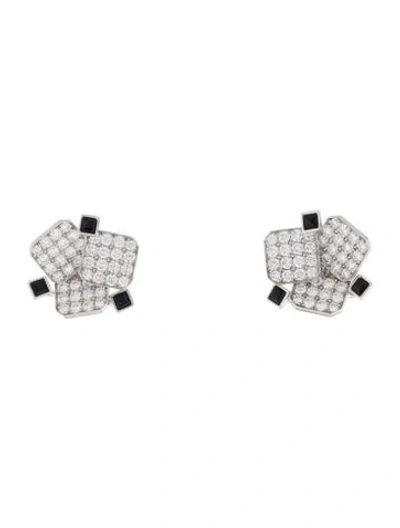 Pre-owned Boucheron 18k Diamond & Onyx Damier Stud Earrings In Multi