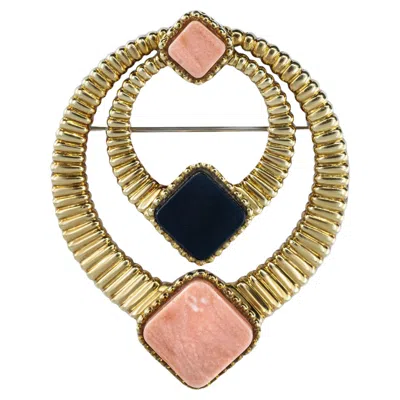 Pre-owned Boucheron 18k Gold Coral Onyx Gadrooned Double Ring Brooch 1970s In Red