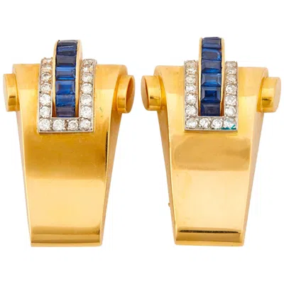 Pre-owned Boucheron 18k Yellow Gold Diamond And Sapphire Double Clips Brooch Retro 1940s