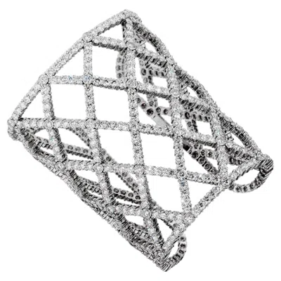 Pre-owned Boucheron 64.47ct Weave Diamond 18k White Gold Cuff Bangle Bracelet
