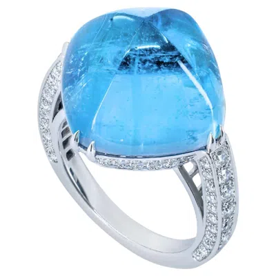 Pre-owned Boucheron Aquamarine Cabochon Diamond Pave 18k White Gold Cocktail Ring