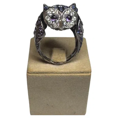 Pre-owned Boucheron Archival  18k White Gold Sapphire Amethyst Diamond Noctua Owl Ring