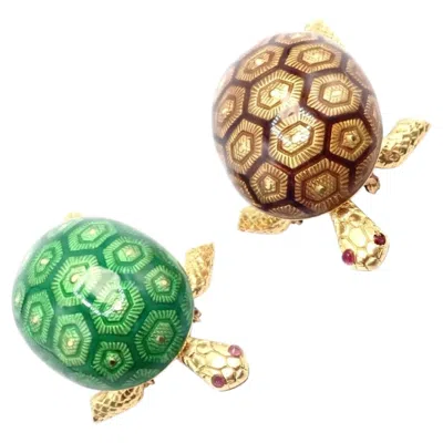 Pre-owned Boucheron France Yellow Gold Enamel Set Of Two Turtle Brooches